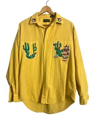 Vintage Button Up Shirt Mens M Yellow Cactus Western Embroidered Southwest Retro
